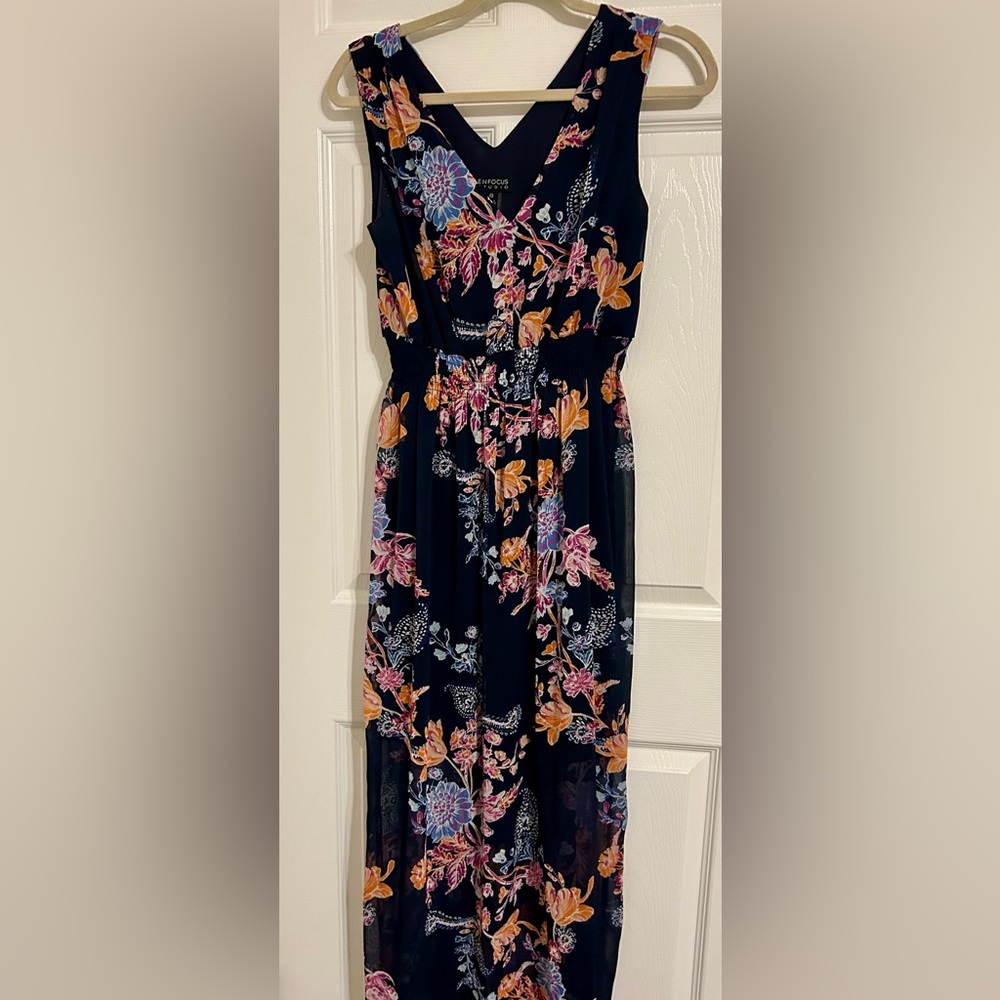 Enfocus Studio Navy Floral Maxi Dress with‎ Pink & Orange Blooms